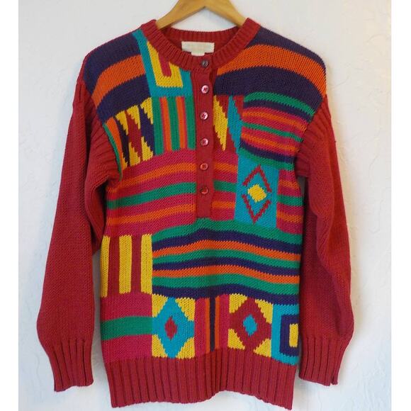 Vtg John Henry Pink Sweater Women Medium Geometric Multicolor Y2K Ramie Button - Picture 5 of 11
